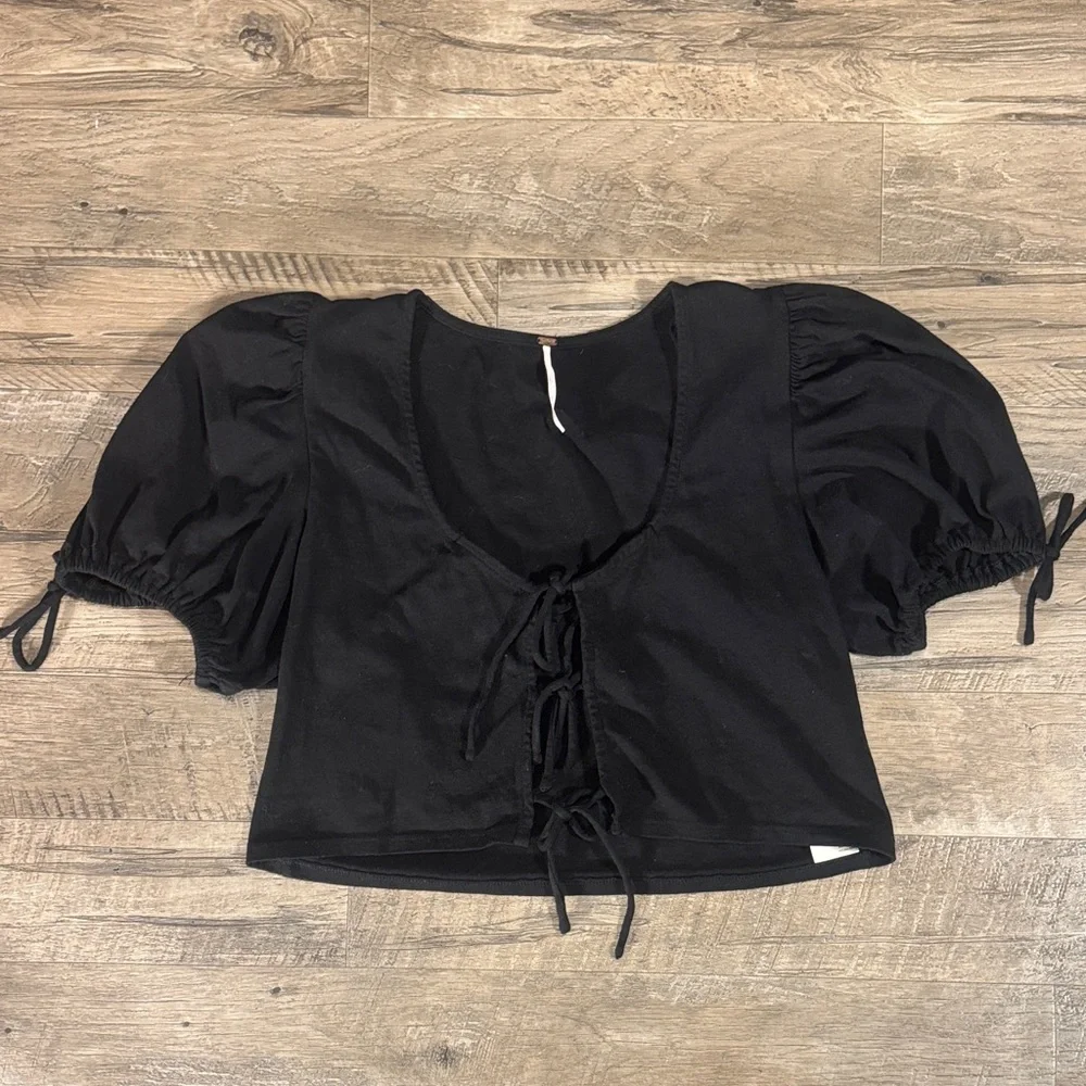 Free People 100% Cotton Black Puff Sleeve Front Tri-Tie Closure Top - Size M